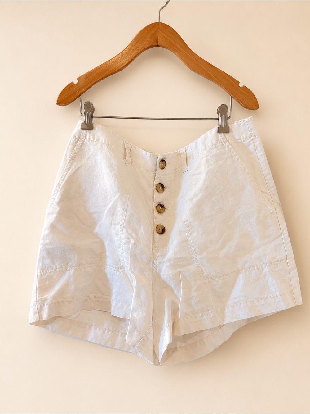 LOFT Cream High-Waist Button Front Linen-Blend Shorts